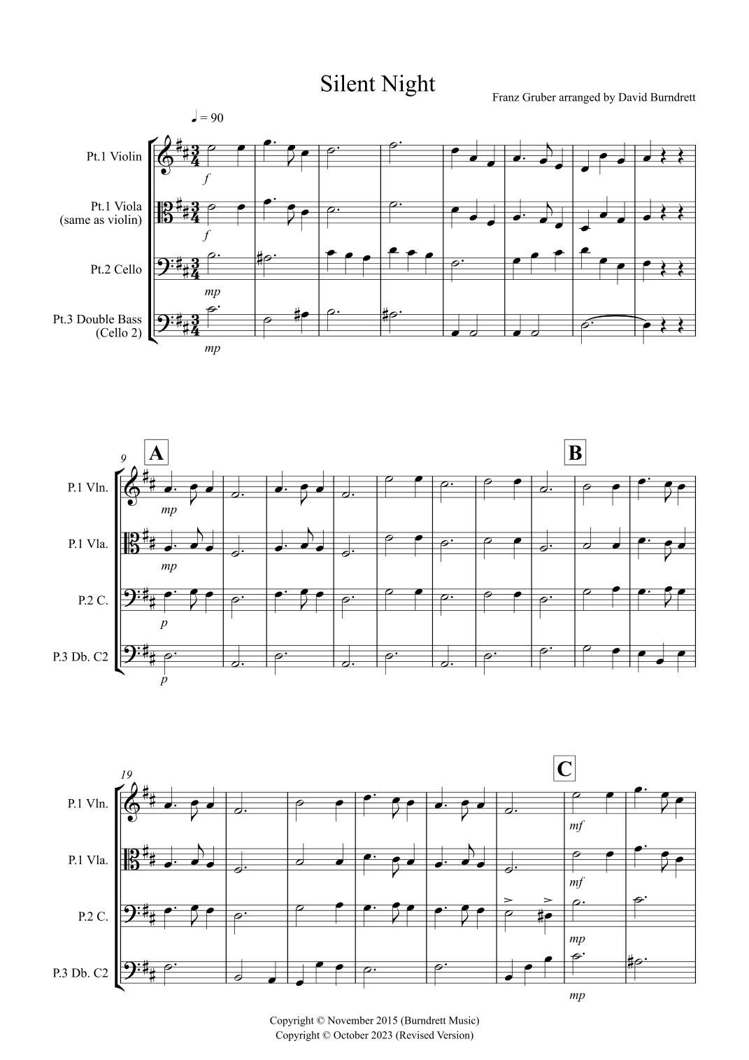 Silent Night for Violin or Viola, Cello and Double Bass (arr. David Burndrett)