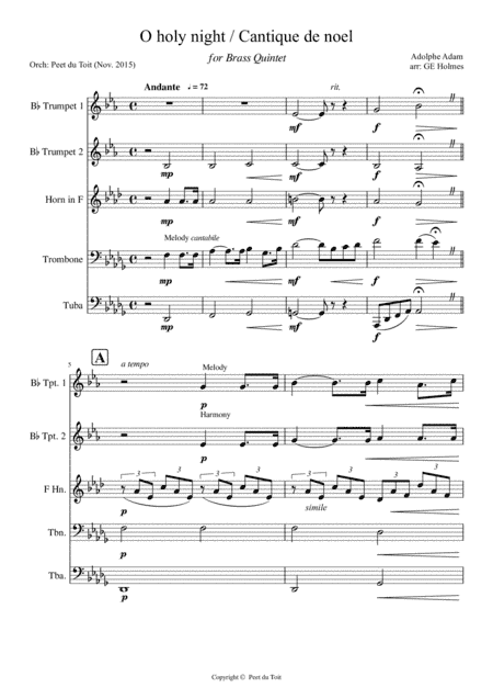 O Holy Night / Cantique de Noel - Adolphe Adam (Brass Quintet) (arr. GE Holmes and Peet du Toit)