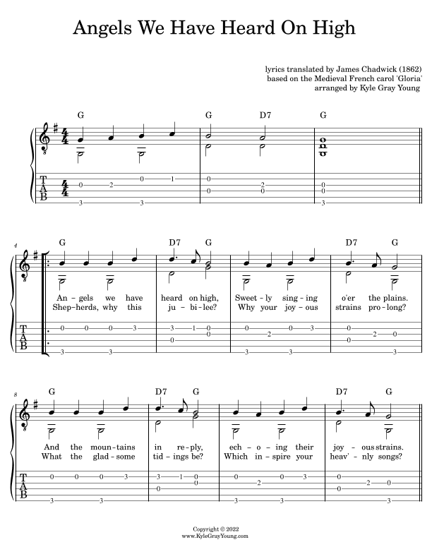 Angels We Have Heard On High (easy fingerstyle guitar tablature) (arr. Kyle Gray Young)