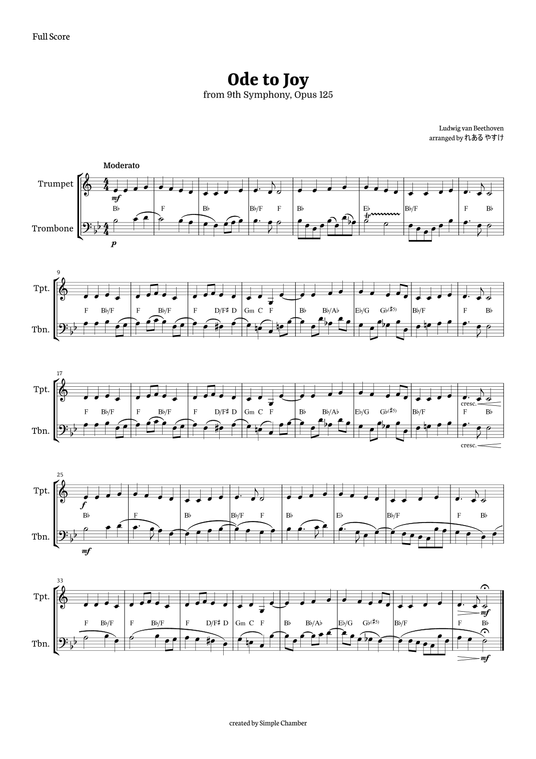 Ode to Joy for Trumpet and Trombone by Beethoven Opus 125 (arr. れある やすけ)
