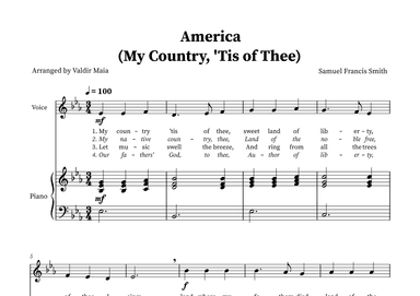America (My Country, 'Tis of Thee) - Voice and Piano in E-flat (arr. Valdir Maia)