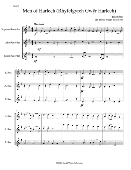 Men of Harlech (Rhyfelgyrch Gwyr Harlech) for recorder trio (soprano, alto, tenor) (arr. David Warin Solomons)