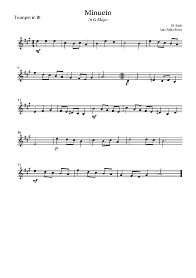 Minueto in G Major ( J.S. Bach) for Trumpet in Bb Solo (arr. Fabio Britto)