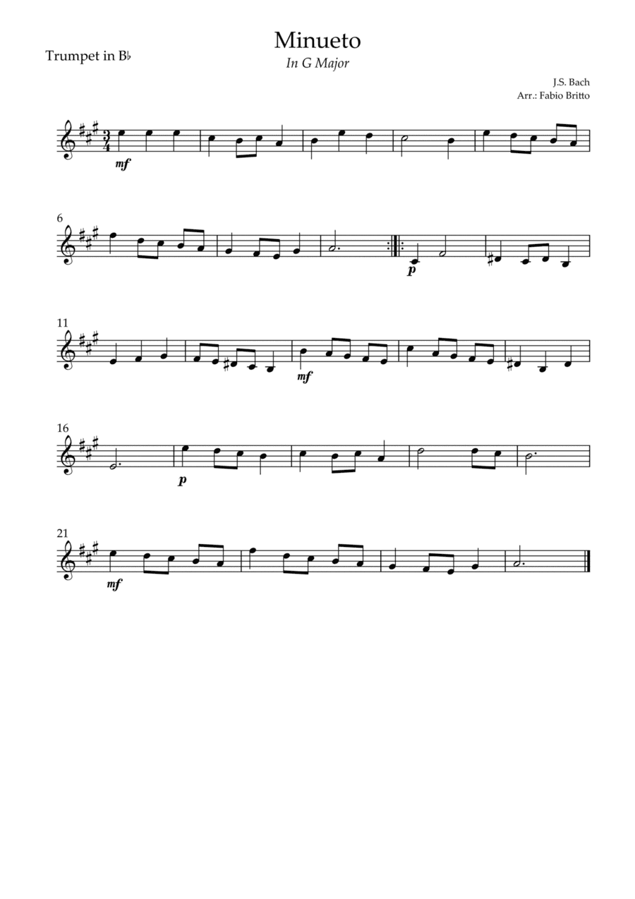 Minueto in G Major ( J.S. Bach) for Trumpet in Bb Solo (arr. Fabio Britto)