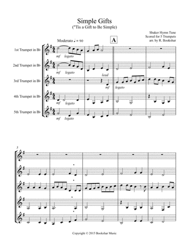 Simple Gifts ('Tis a Gift to Be Simple) (Trumpet Quintet) (arr. Regis Bookshar)