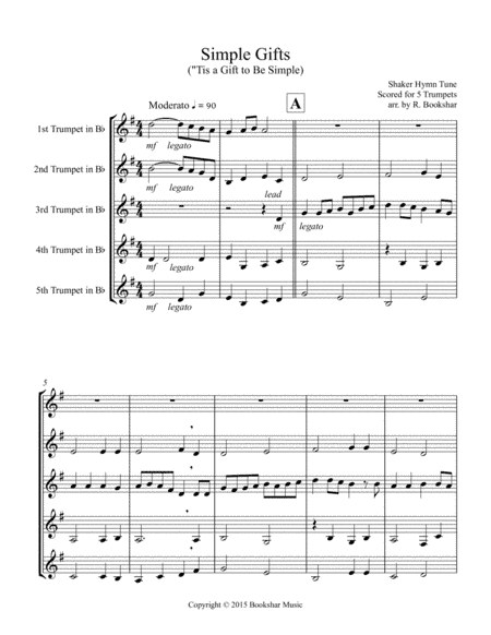 Simple Gifts ('Tis a Gift to Be Simple) (Trumpet Quintet) (arr. Regis Bookshar)