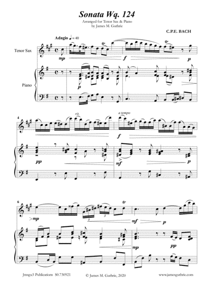 CPE BACH: Sonata in E Minor WQ124 for Tenor Sax & Piano (arr. James Guthrie, ASCAP)