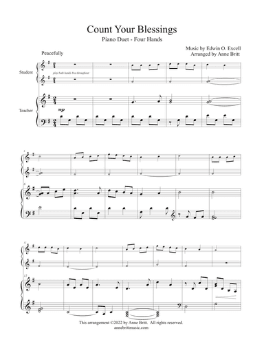 Count Your Blessings (late elementary student/teacher piano duet) (arr. Anne Britt)