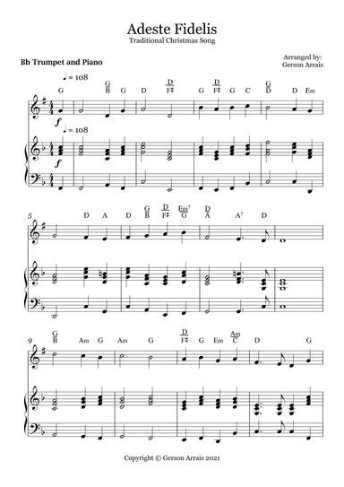 Adeste Fidelis - Traditional Christmas Song - for Bb Trumpet and Piano - Score and Parts (arr. Gerson Arrais)