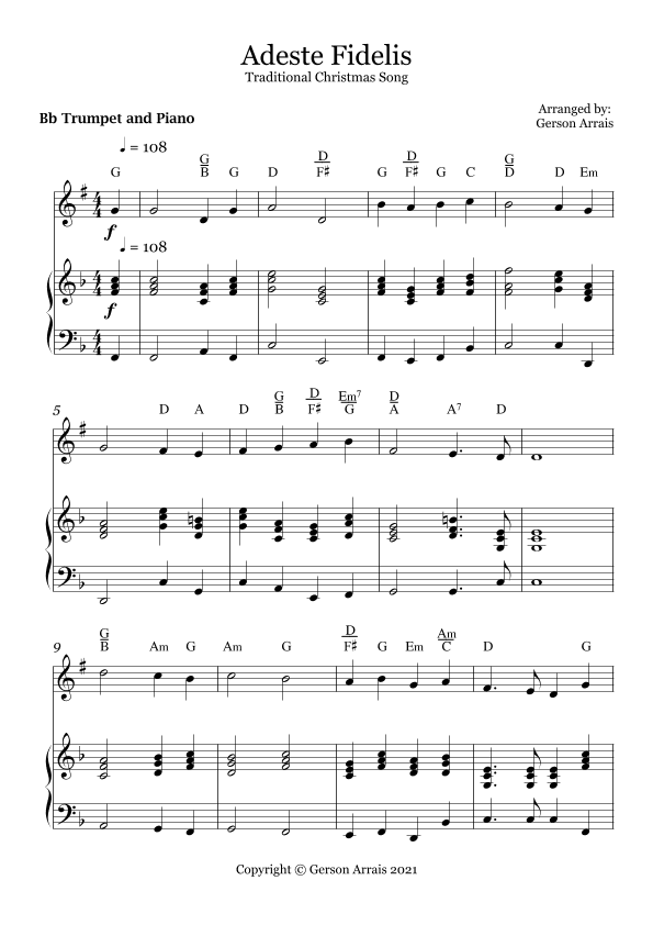 Adeste Fidelis - Traditional Christmas Song - for Bb Trumpet and Piano - Score and Parts (arr. Gerson Arrais)