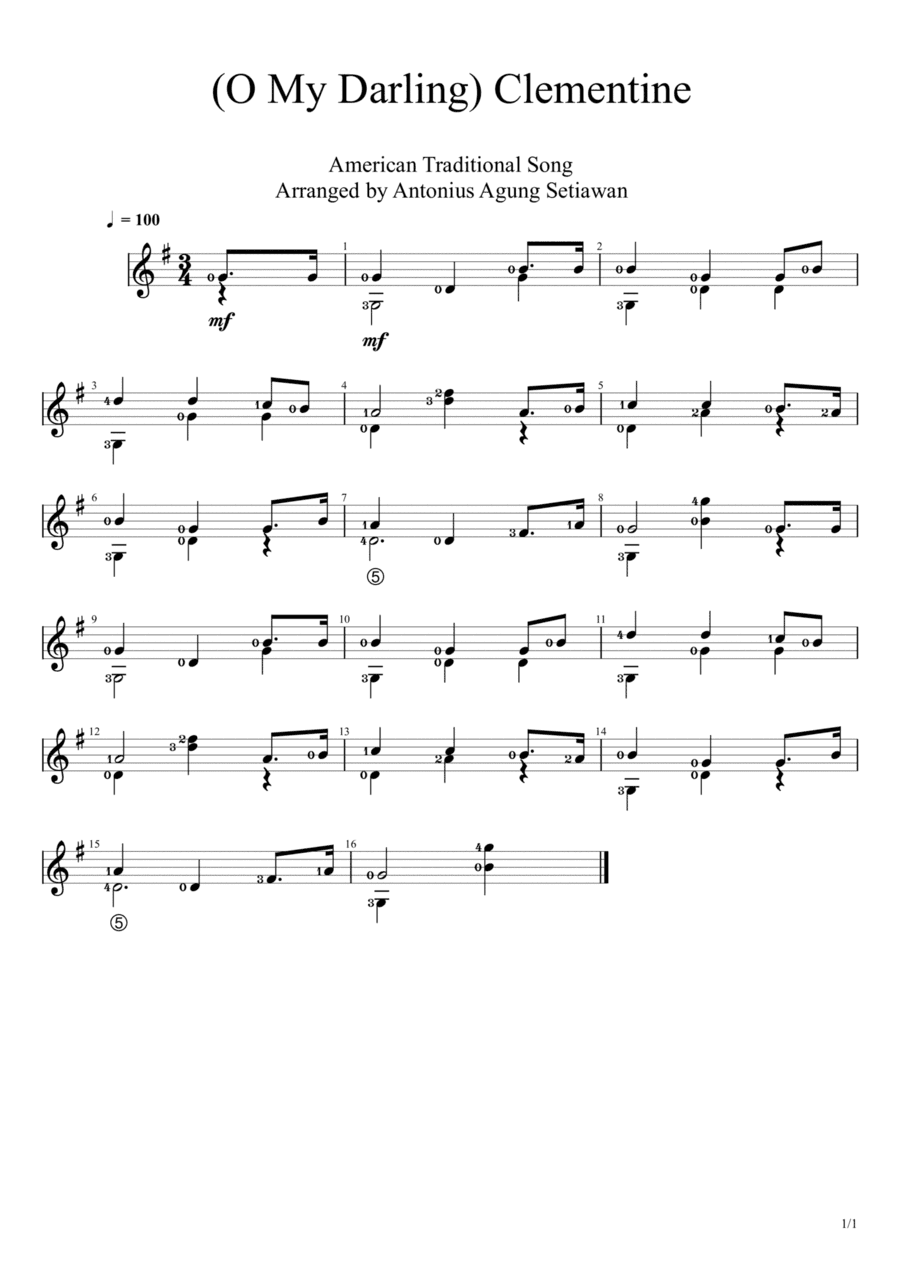 O My Darling Clementine (Solo Guitar Score) (arr. Antonius Agung Setiawan)