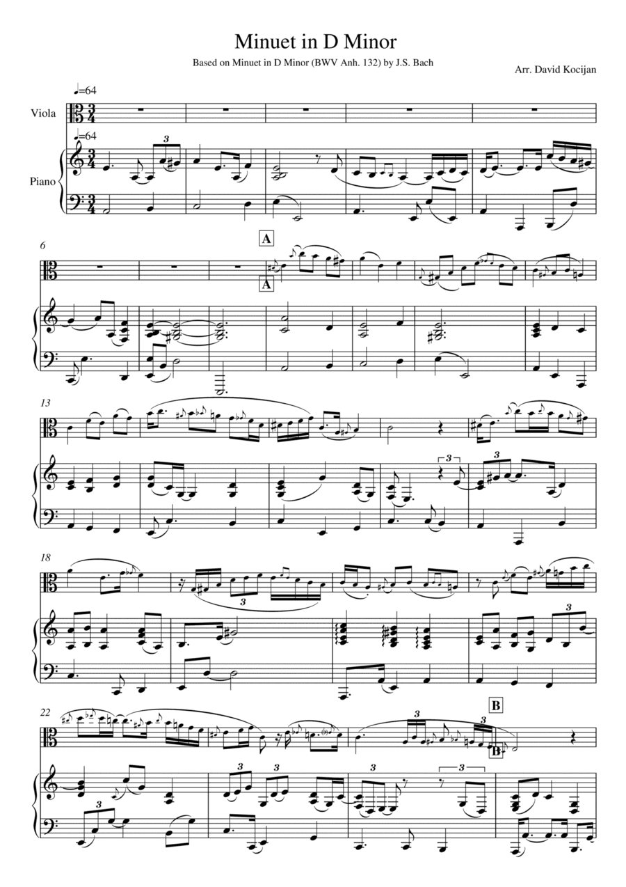 Bach - Minuet in D Minor, BWV Anh. 132 (viola & piano) (arr. David Kocijan)