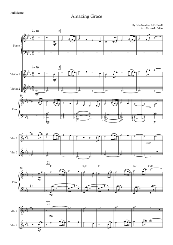 Amazing Grace (John Newton, E. O. Excell) for Violin Duo and Piano Accompaniment with Chords (arr. Fernando Britto)
