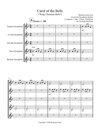 Carol of the Bells (F min) (Saxophone Quintet - 1 Sop, 2 Alto, 1 Ten, 1 Bari) (arr. Regis Bookshar)