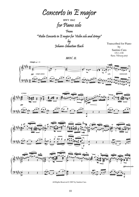 J.S.Bach - Violin Concerto in E major BWV 1042 - Piano solo - 2° mov. Adagio (arr. Santino Cara)