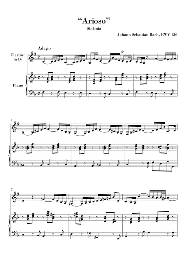 Bach Arioso (in F major) BWV 156 for Clarinet in Bb and Piano (arr. Ahiva Editions)