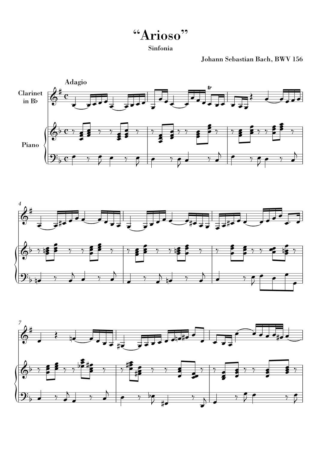 Bach Arioso (in F major) BWV 156 for Clarinet in Bb and Piano (arr. Ahiva Editions)