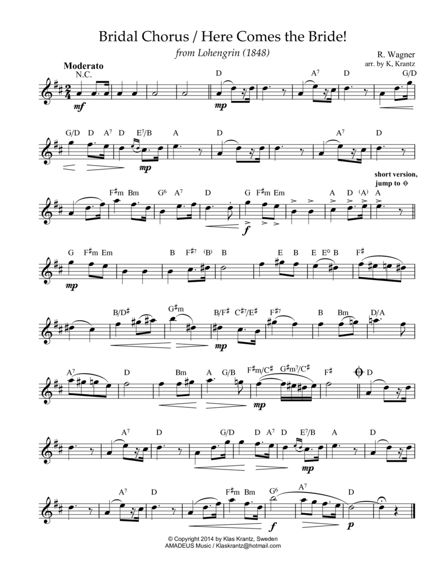 Bridal Chorus / Here Comes the Bride! lead sheet with guitar chords (D Major) (arr. K. Krantz)