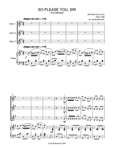 SULLIVAN So Please, Sir  (The Mikado) for 3 violins & piano (arr. Ian Butterworth)