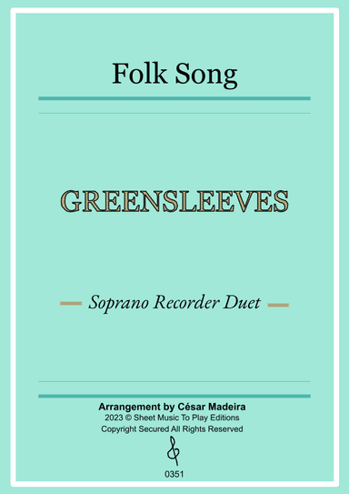 Greensleeves - Soprano Recorder Duet - W/Chords (Full Score and Parts) (arr. César Madeira)