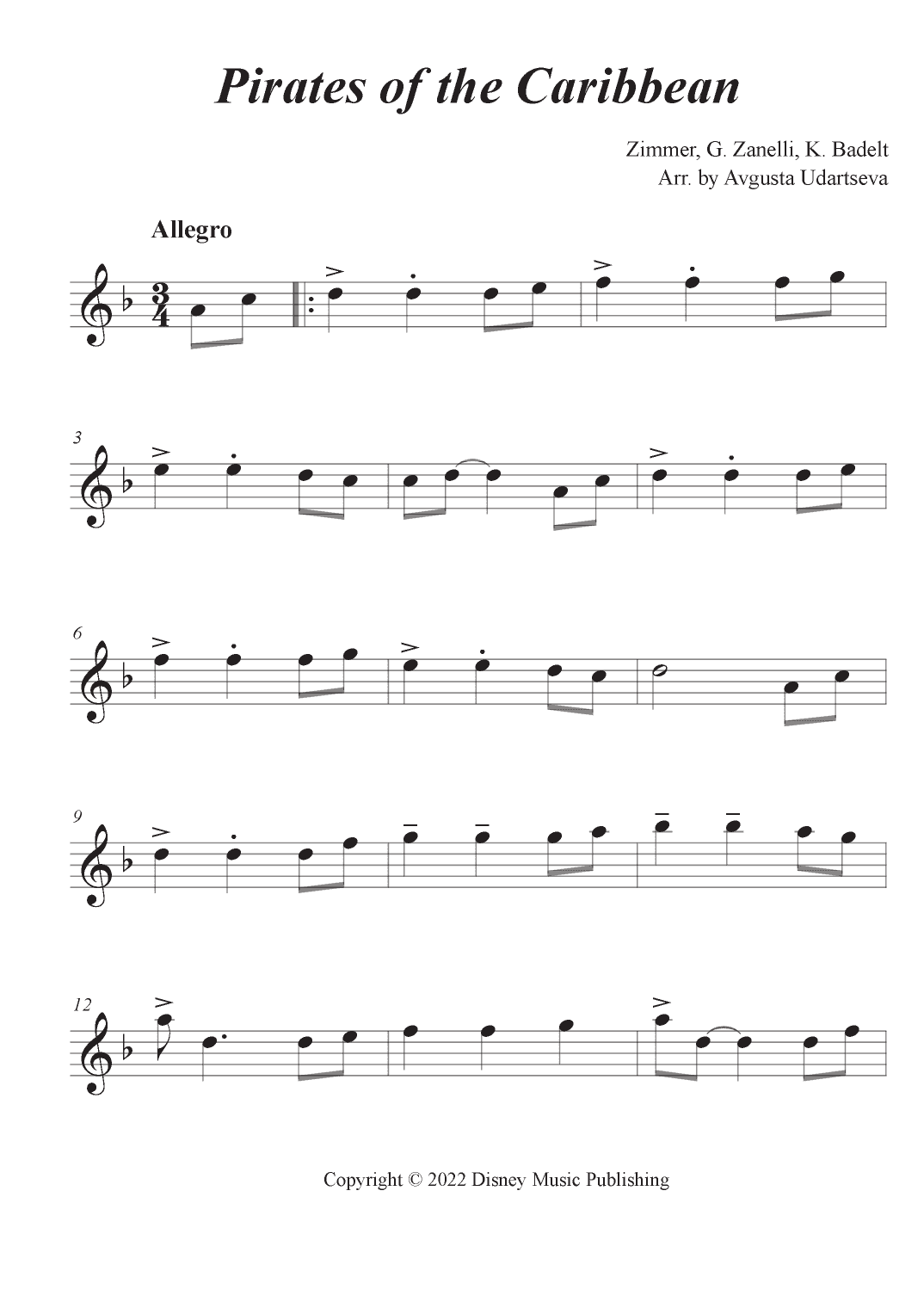 Pirates Of The Caribbean (arr. Avgusta Udartseva)