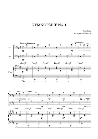 Gymnopédie no 1 | Trombone Duet | Original Key | Chords | Piano accompaniment |Easy intermediate (arr. Milanov)
