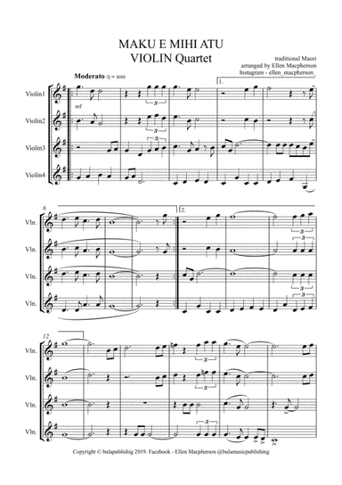 Maku e mihi atu - Maori NZ Violin Quartet. ALL PARTS and SCORE (arr. Ellen Macpherson)