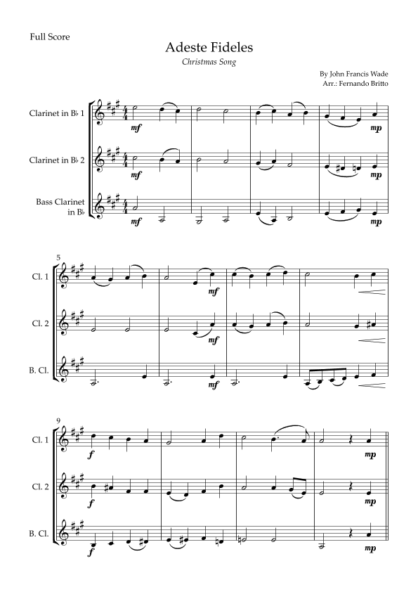 Adeste Fideles (Christmas Song) for Clarinet Trio (arr. Fernando Britto)