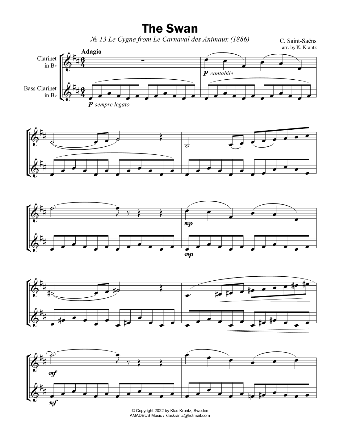 The Swan / Le cygne for clarinet and bass clarinet in Bb (arr. K. Krantz)