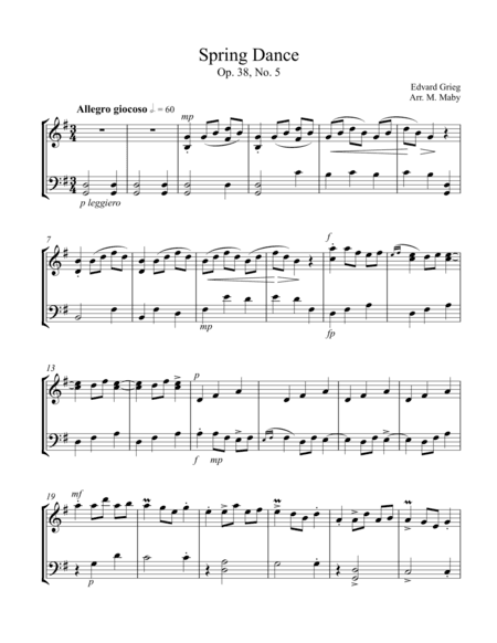 3 Duets by Grieg, for violin & cello (arr. Marion Maby)