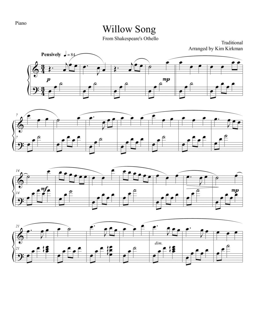 Willow Song from Shakespeare's Othello for piano - no black notes required (arr. Kim Kirkman)