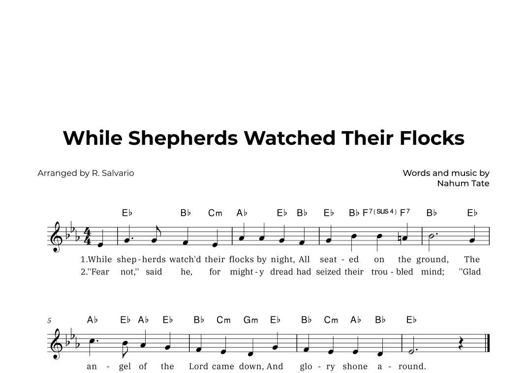 While Shepherds Watched Their Flocks (Key of E-Flat Major) (arr. R. Salvario)