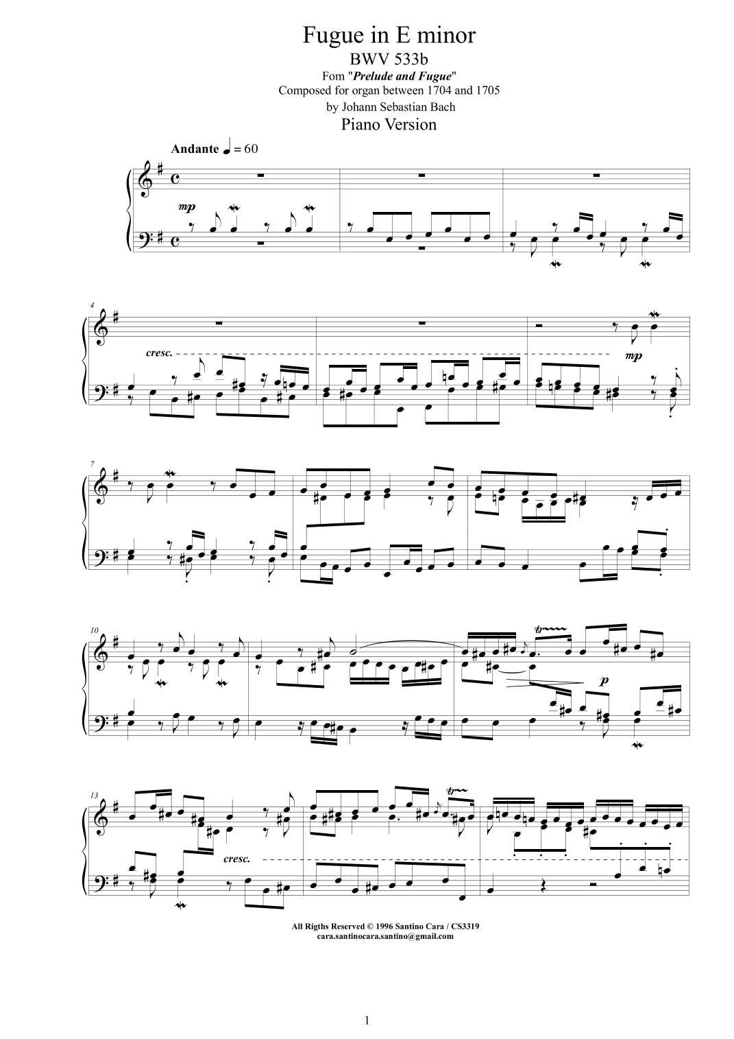 Bach - Fugue in E minor BWV 533b - Piano version (arr. Santino Cara)