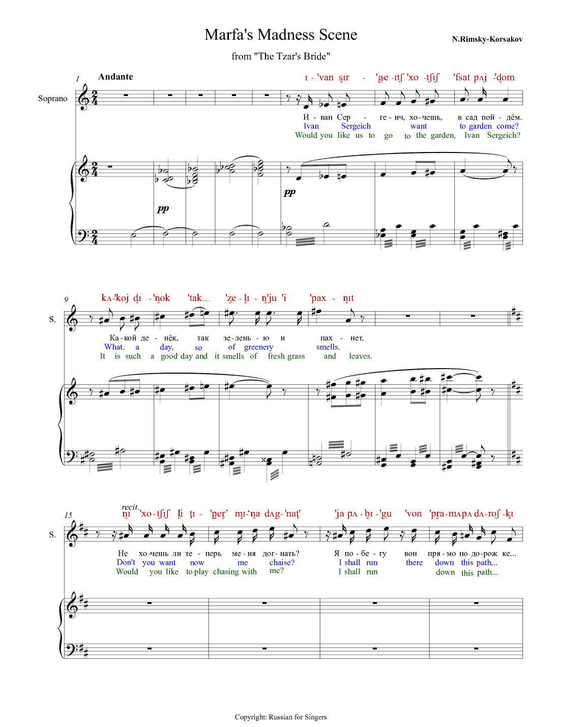 “The Tzar's Bride": Marfa's Madness Scene. DICTION SCORE with IPA & translation (arr. Russian for Singers)