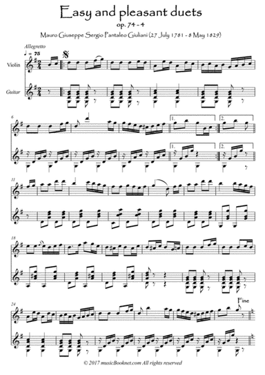 Easy Violin Guitar duets by Giuliani 74-4 (arr. PianoSheetNow)