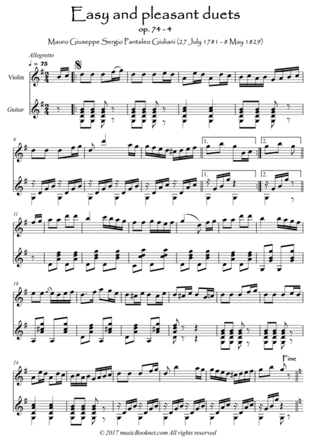 Easy Violin Guitar duets by Giuliani 74-4 (arr. PianoSheetNow)