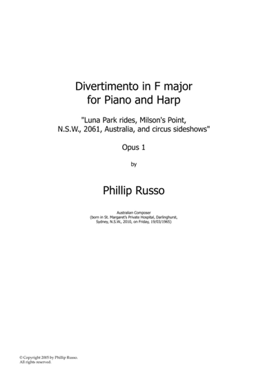 Divertimento in F major for Piano and Harp, Opus 1: Luna Park rides, Milson's Point, N.S.W., 2061,