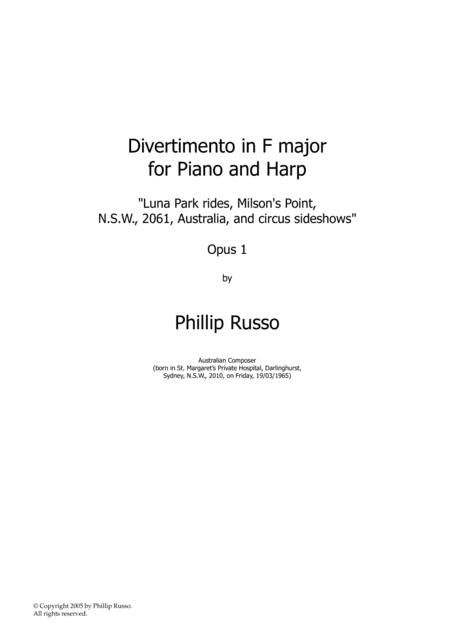 Divertimento in F major for Piano and Harp, Opus 1: Luna Park rides, Milson's Point, N.S.W., 2061,