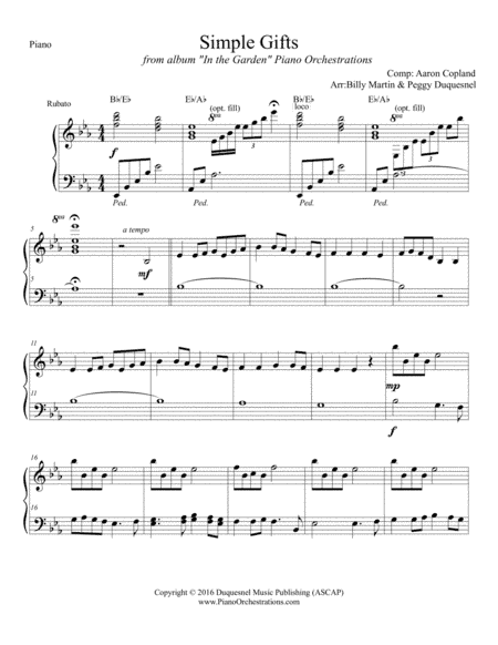 Simple Gifts (Solo Piano) (arr. Peggy Duquesnel & Billy Martin)