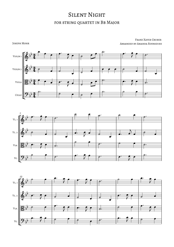 Silent Night for String Quartet in Bb Major (arr. Amanda Rodrigues)