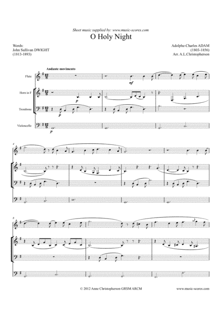 O Holy Night; Cantique de Noel - Flute, French Horn, Trombone and Cello (arr. Anne L Christopherson GRSM ARCM)