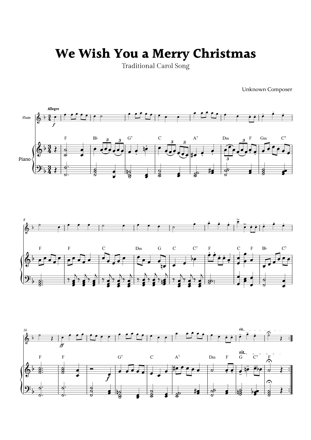 We Wish you a Merry Christmas for Flute and Piano (arr. Rika K.)