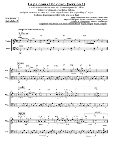 Sebastián Iradier (Yradier) - La paloma (The dove) (version 1) - arr. for violin-viola duet (arr. Dragoi Andrei Lucian)