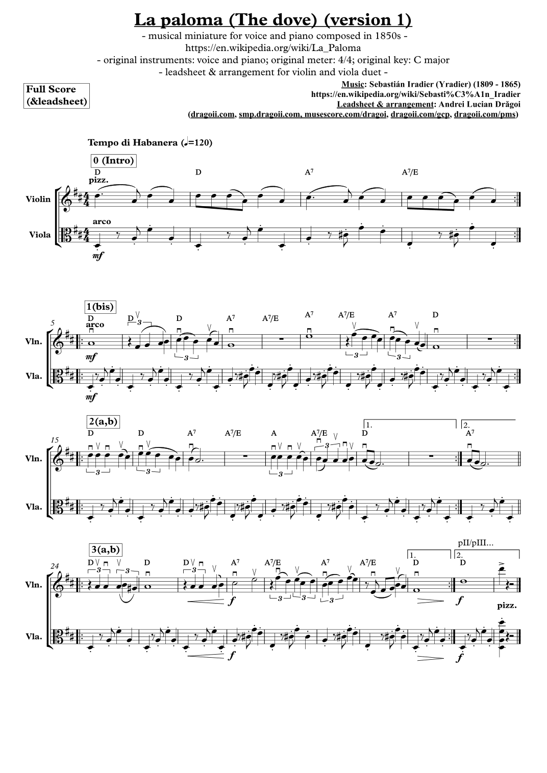 Sebastián Iradier (Yradier) - La paloma (The dove) (version 1) - arr. for violin-viola duet (arr. Dragoi Andrei Lucian)