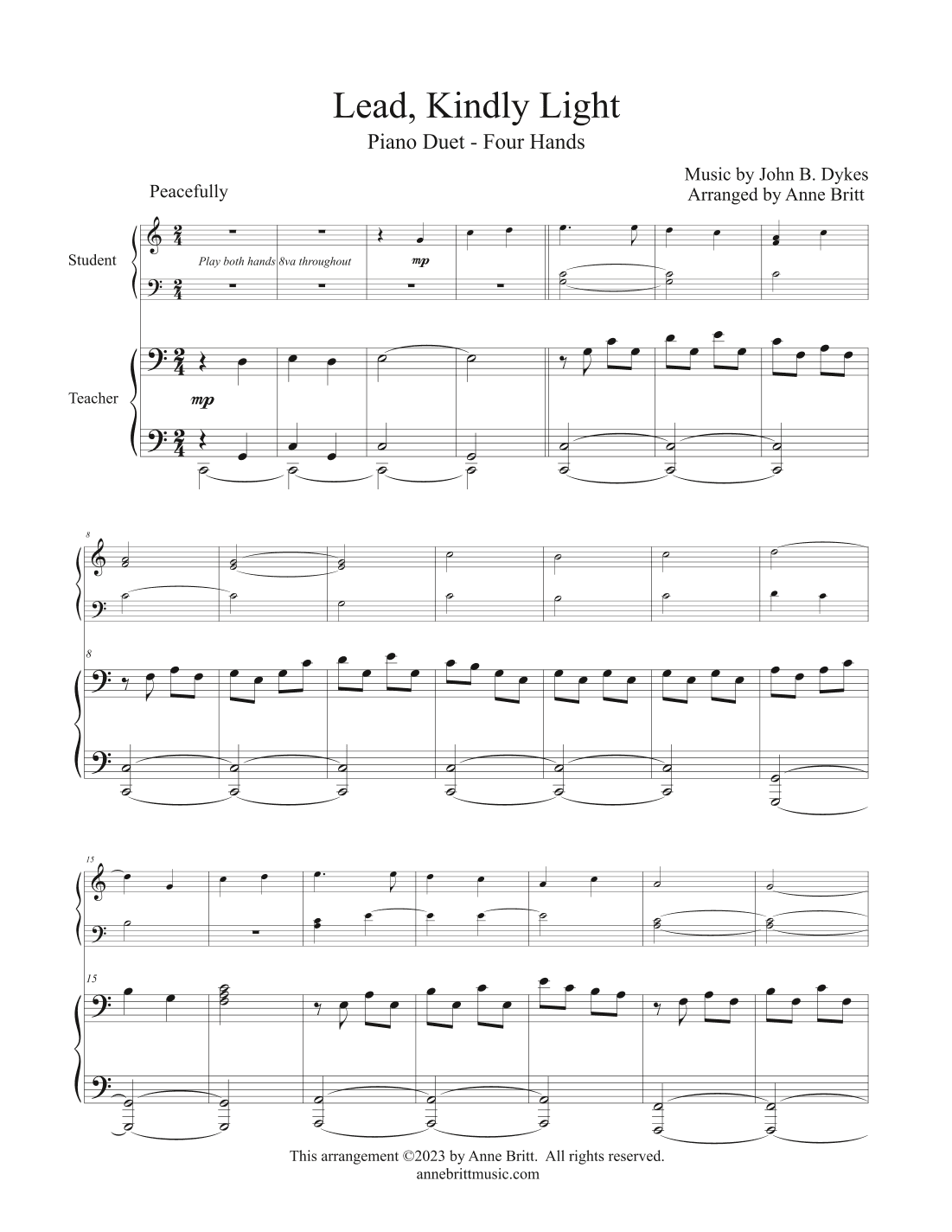 Lead, Kindly Light (late elementary student/teacher piano duet) (arr. Anne Britt)