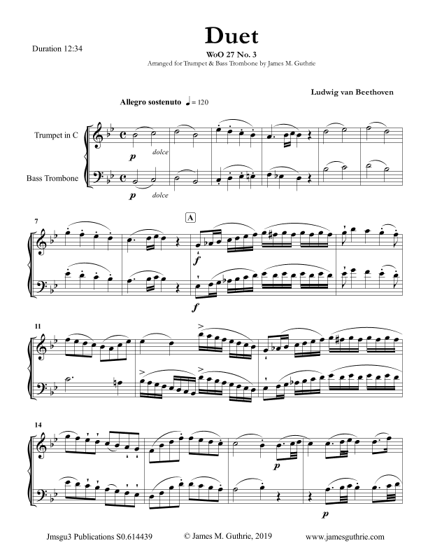 Beethoven: Duet WoO 27 No. 3 for Trumpet & Bass Trombone (arr. James M. Guthrie, ASCAP)
