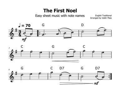 The First Noel - (G Major - with note names) (arr. Valdir Maia)