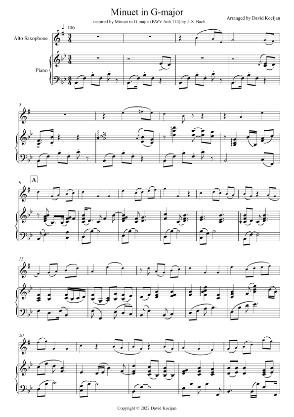 Minuet in G-major - EASY (alto sax & piano) (arr. David Kocijan)