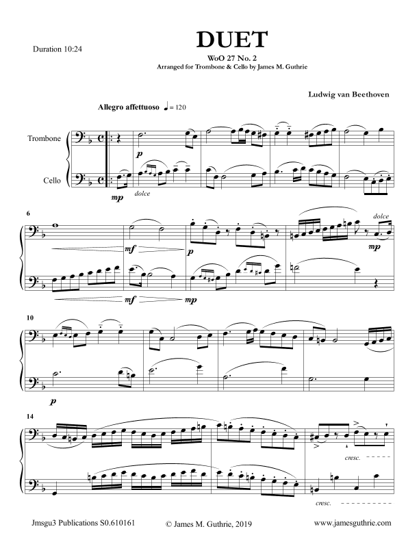 Beethoven: Duet WoO 27 No. 2 for Trombone & Cello (arr. James M. Guthrie, ASCAP)