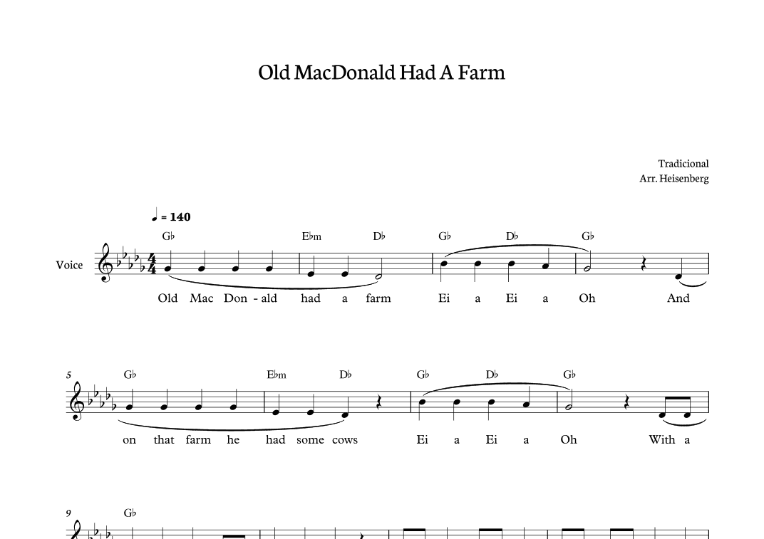 Old MacDonald Had a Farm for voice in Db major (arr. Heisenberg)